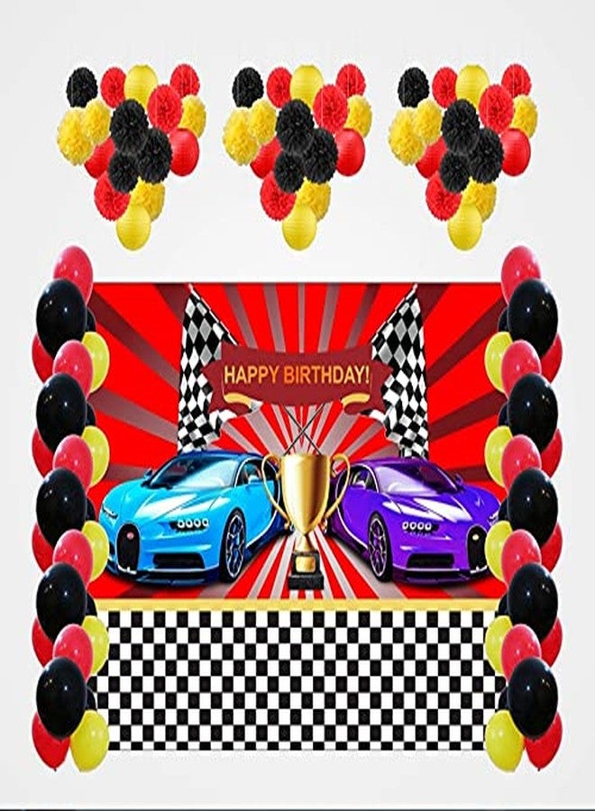 ثيم ماي بارتي مجموعة تزيين حفلات ثيم ماي بارتي - مجموعة تزيين بطابع سيارات السباق مع خلفية، بالونات، وفوانيس بوم بوم (7 أقدام × 5 أقدام) - Image 1